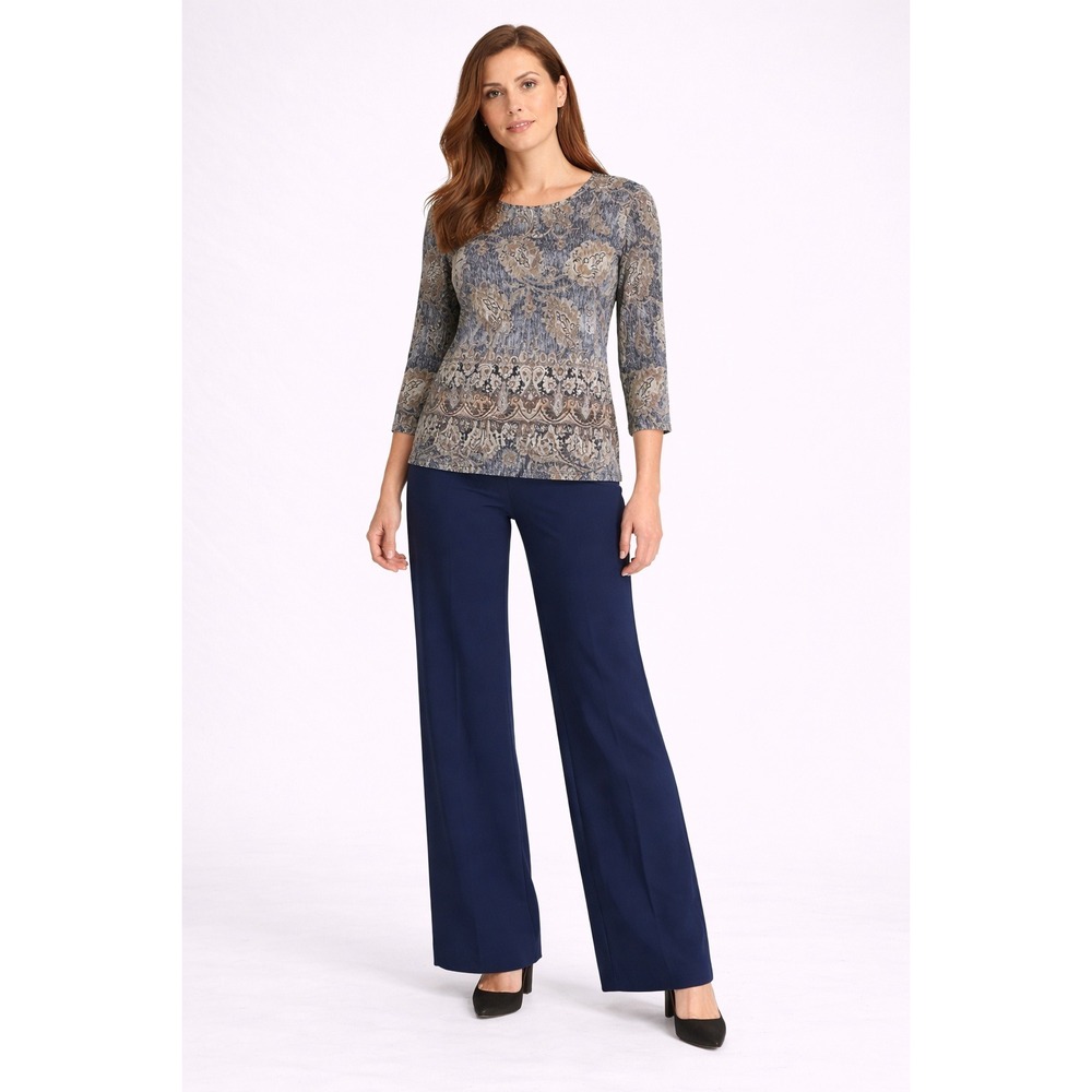 Chico's Women's Paisley Knit Top Size 2 Blue Beige‎ 3/4 Sleeve Stretch Blouse